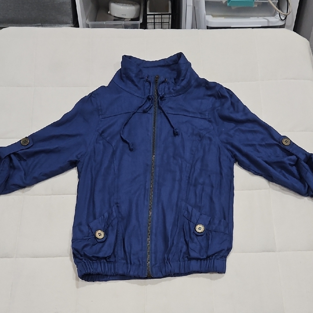 Mine Navy Blue ruffled sleeve zip up lightweight Jacket size M